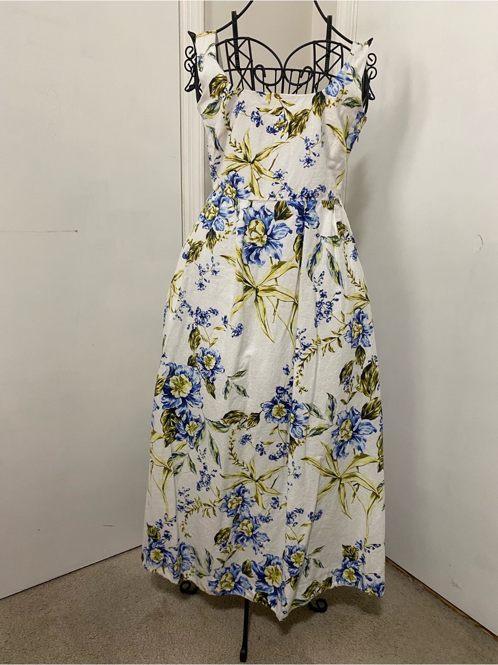Joie Womens 2 Blue Floral Linen Blend Midi Dress Square Neck Pockets